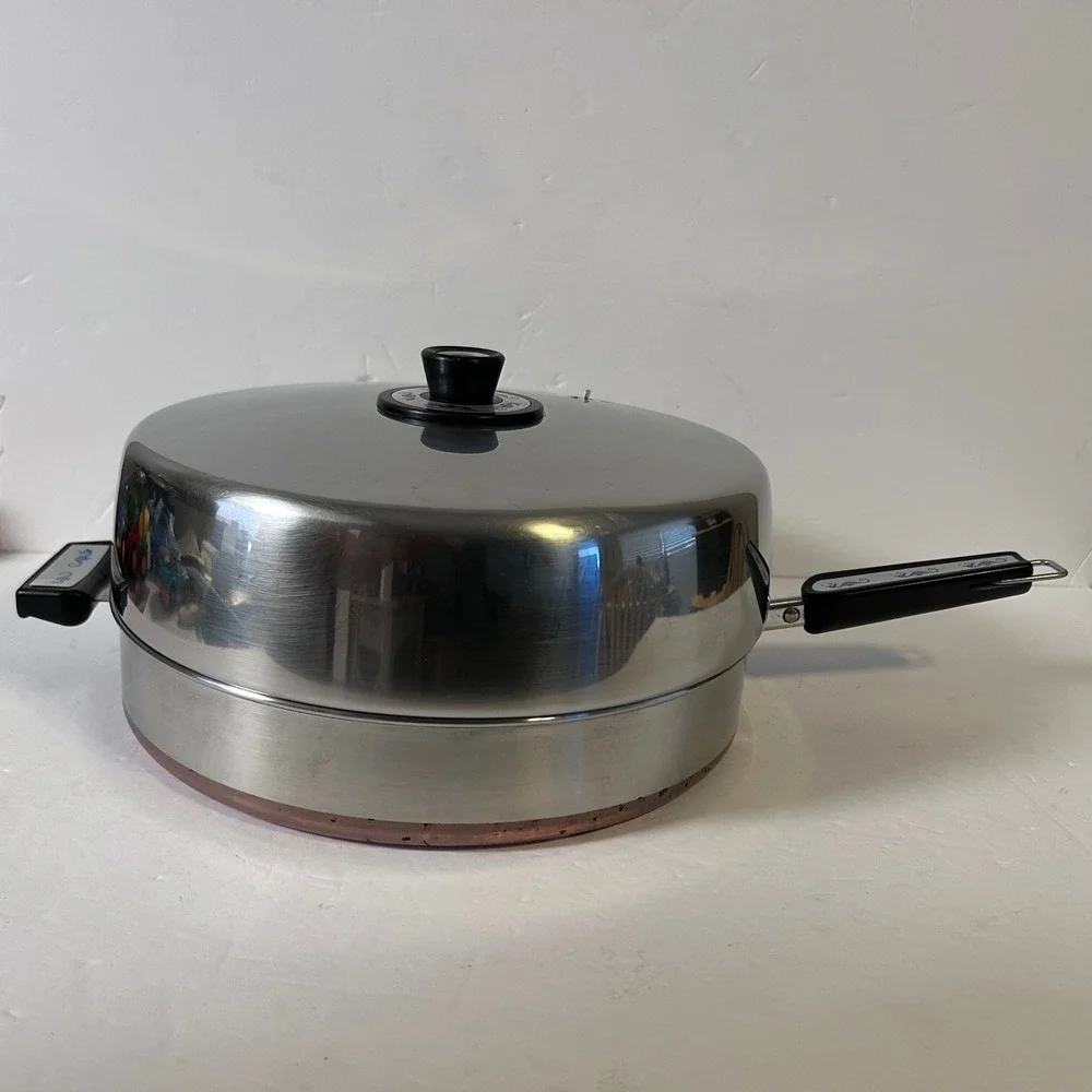 Vintage Revere Ware Copper Clad Skillet with High Dome Lid Blue Seahorse Handle